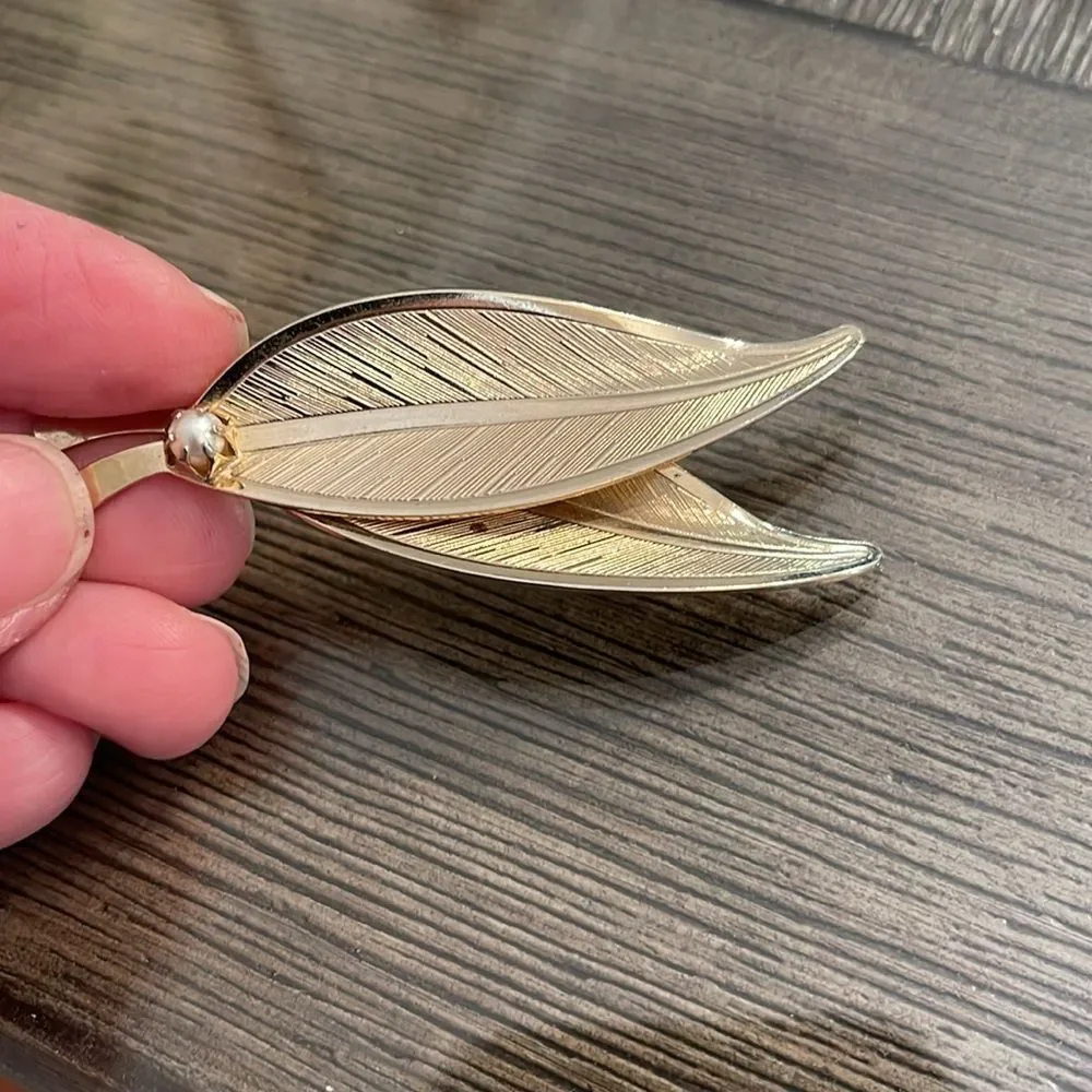 Vintage Double Leaf Gold-tone Pin with Faux Pearl Accent